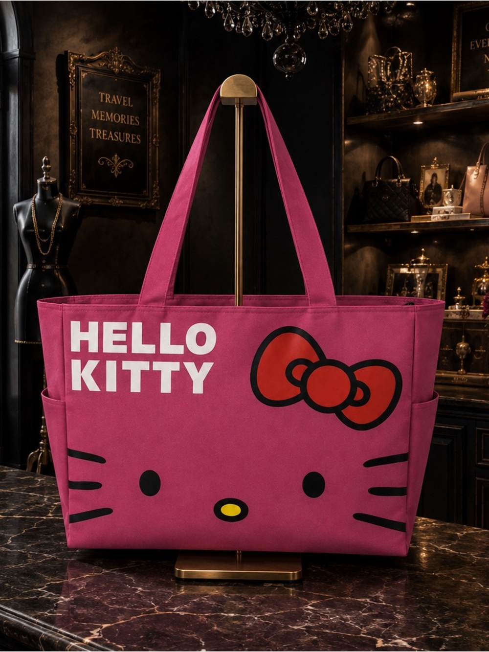 Hello Kitty Extra Large Canvas Tote Shoulder Bag Pink Black White NWT